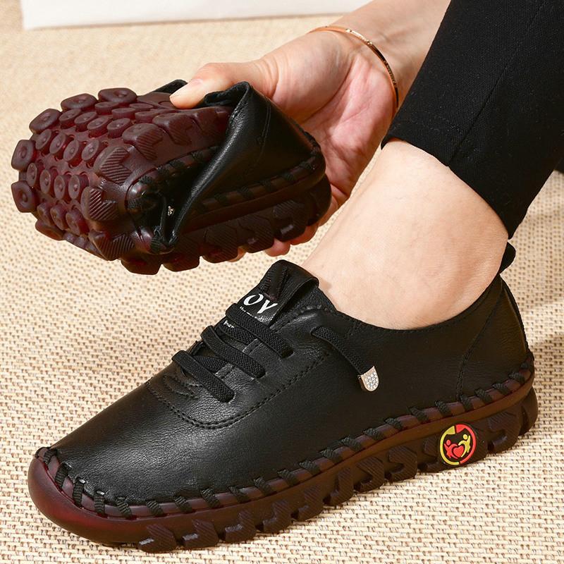 Giày nữ giản dị mới Giày mùa thu Nền tảng giày đế bệt Lace Up Women Sneakers Leather Flats Mom Shoe Mujer Zapatos Zapatos de Mujer Color: Black suture Shoe Size: 35