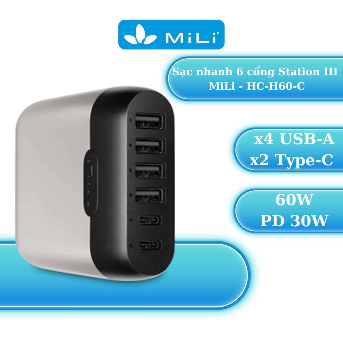 Adapter Sạc 6 Cổng Công Suất 60W MiLi Charger Station III Hỗ Trợ Sạc Nhanh Power Delivery HC-60-C - Hàng Chính Hãng
