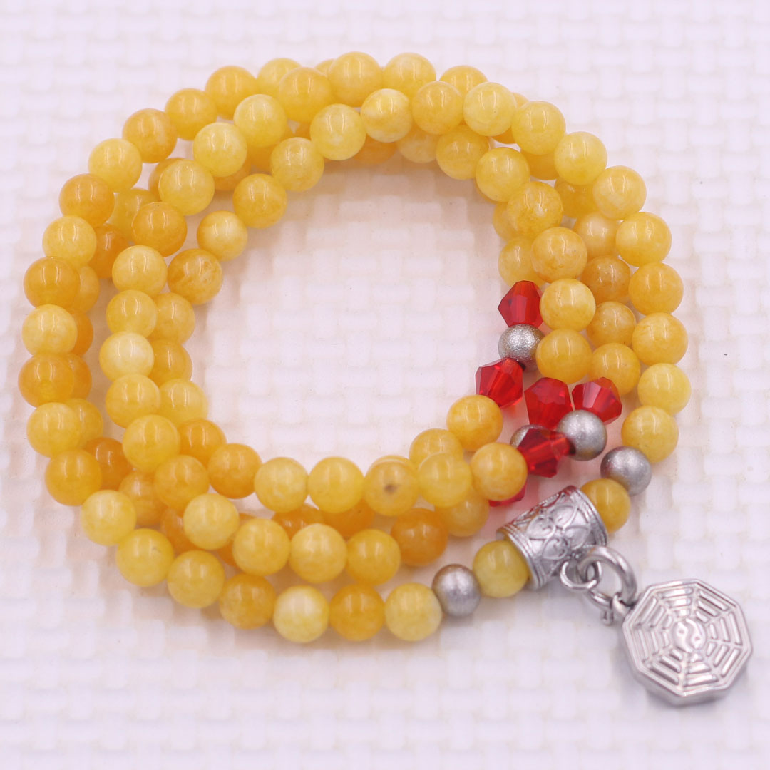 Vòng chuỗi 108 hạt đá ngọc tủy vàng 6 ly charm bát quái inox - vòng chuỗi niệm Phật, vòng tay chuỗi hạt