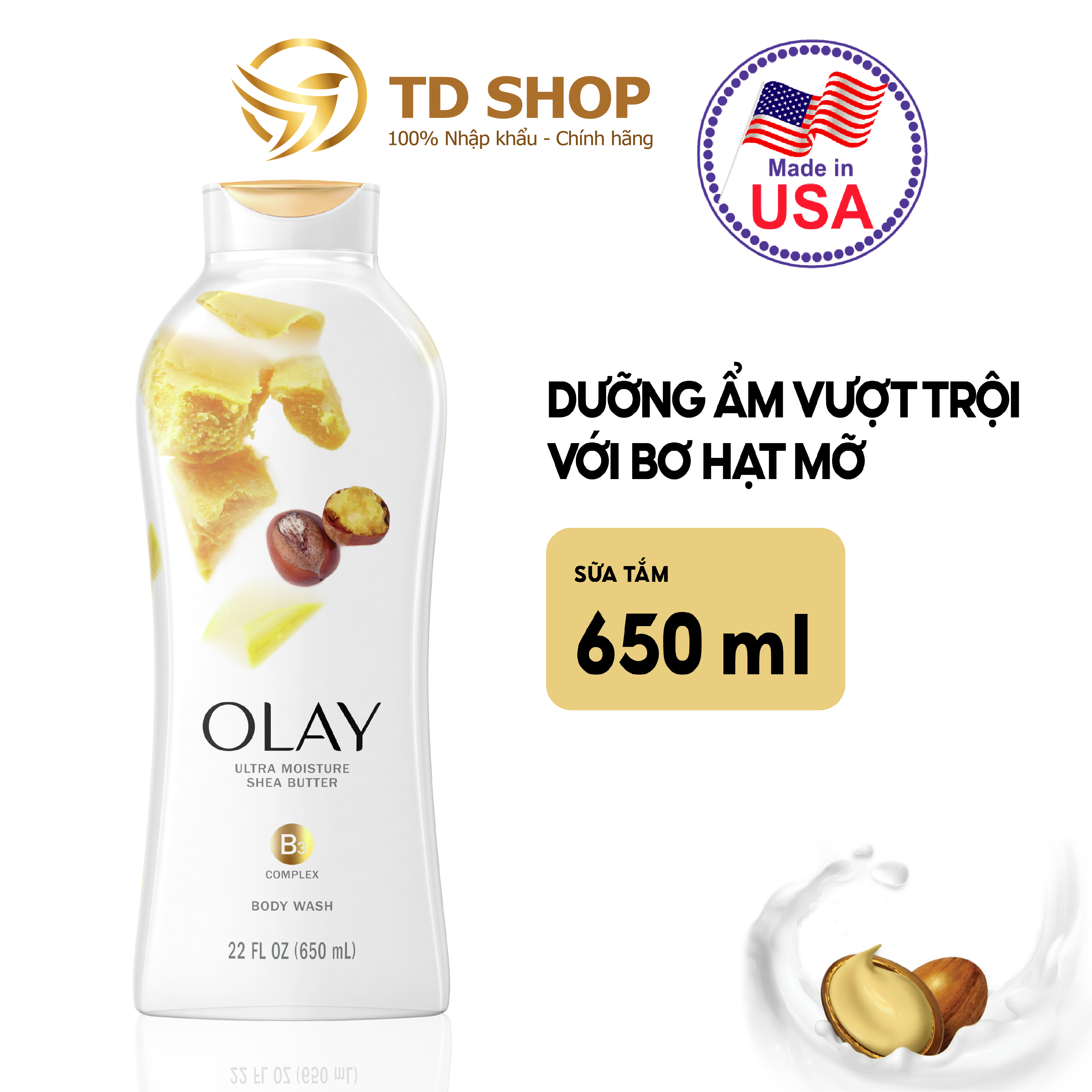 Sữa tắm Olay 650ml dưỡng ẩm – tẩy tế bào chết – 650ml – Bơ hạt mỡ