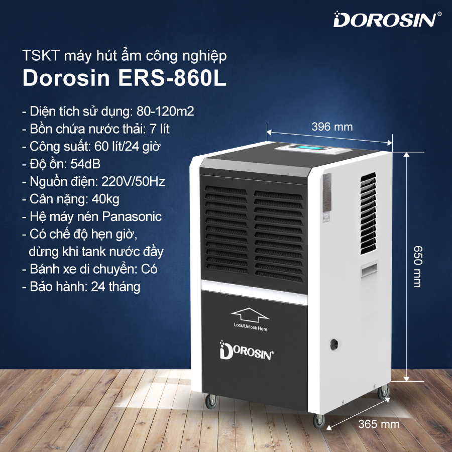 Máy hút ẩm công nghiệp Dorosin Airko - diện tích dùng 80-120m2 - công suất 60 lít/24 giờ - dùng cho nhà xưởng, phòng y tế - Hàng nhập khẩu chính hãng