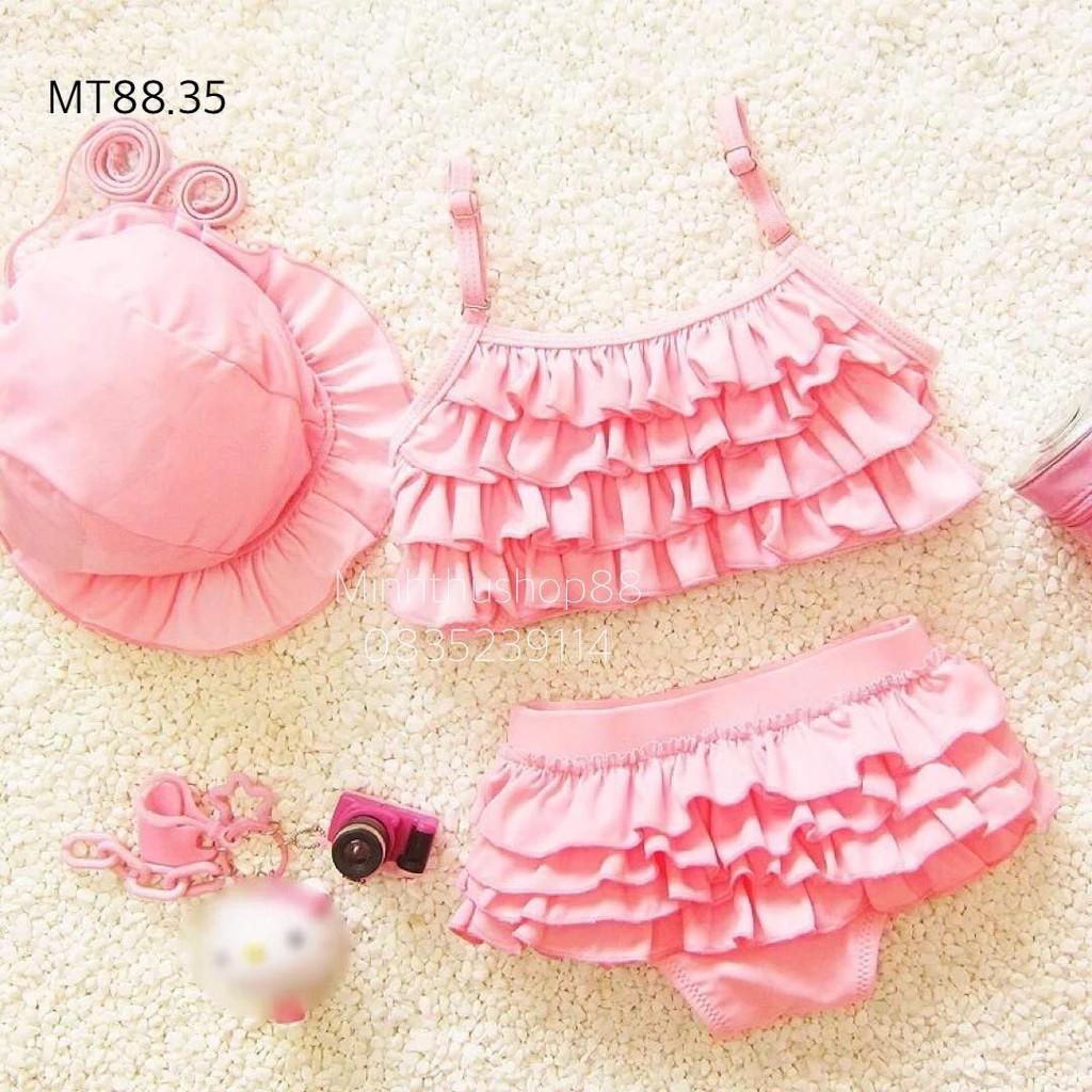 Đồ bơi bikini ba mảnh bánh bèo màu hồng siêu dễ thương - MT88.35