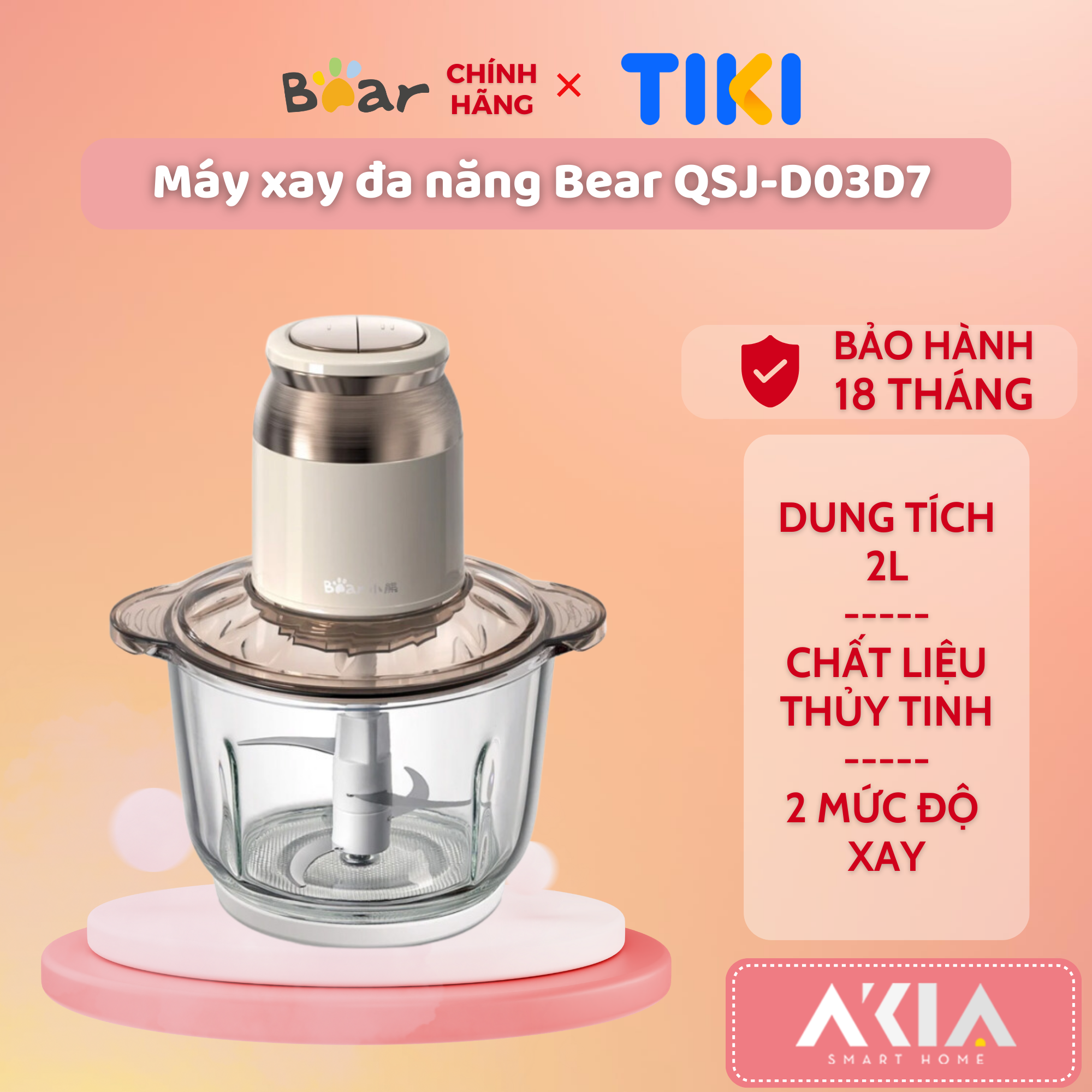 Máy xay thịt, tỏi, thực phẩm Bear QSJ-D03D7 - Dung tích 2L, 2 mức độ điều chỉnh, cối thủy tinh - HÀNG CHÍNH HÃNG