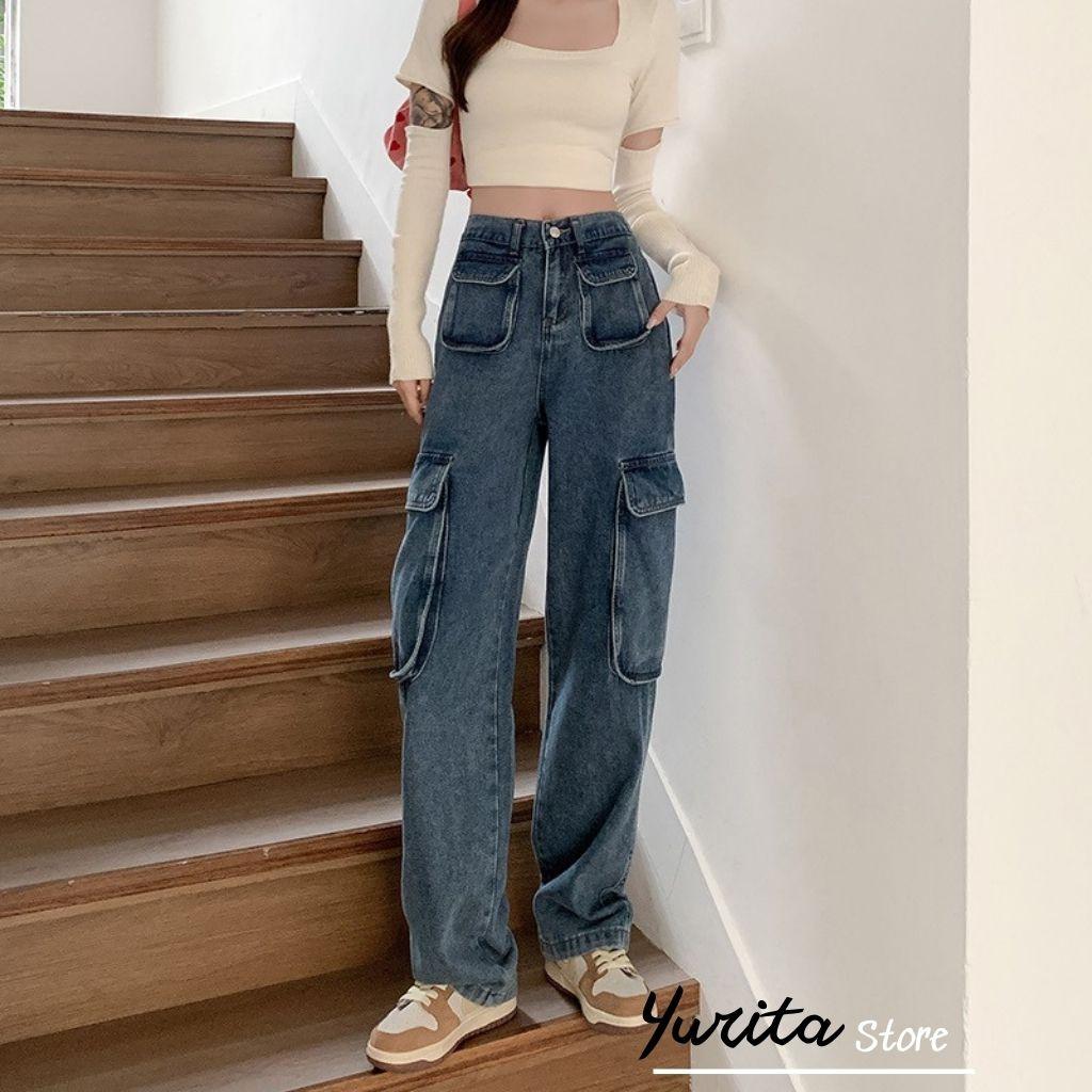 Quần Jean Túi Hộp Ống Rộng 6 Túi Yurita Quần Jeans Ống Đứng Dáng Suông Nữ Cạp Cao Màu Xanh