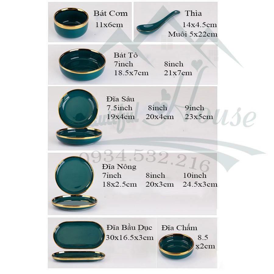 Bộ Bát, Đĩa Sứ Màu Xanh Cổ Vịt - Sứ Cẩm Thạch Viền Vàng 24k Sang Trọng