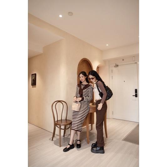 Váy len nữ kẻ ngang cổ tròn dài tay kèm khăn choàng 1 màu 76b07 by germe