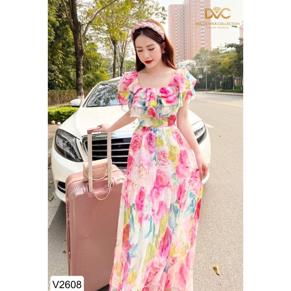 VÁY HOA MAXI TRỄ VAI V2608 Đẹp Shop DVC - (Kèm vieo và ảnh trải sàn)