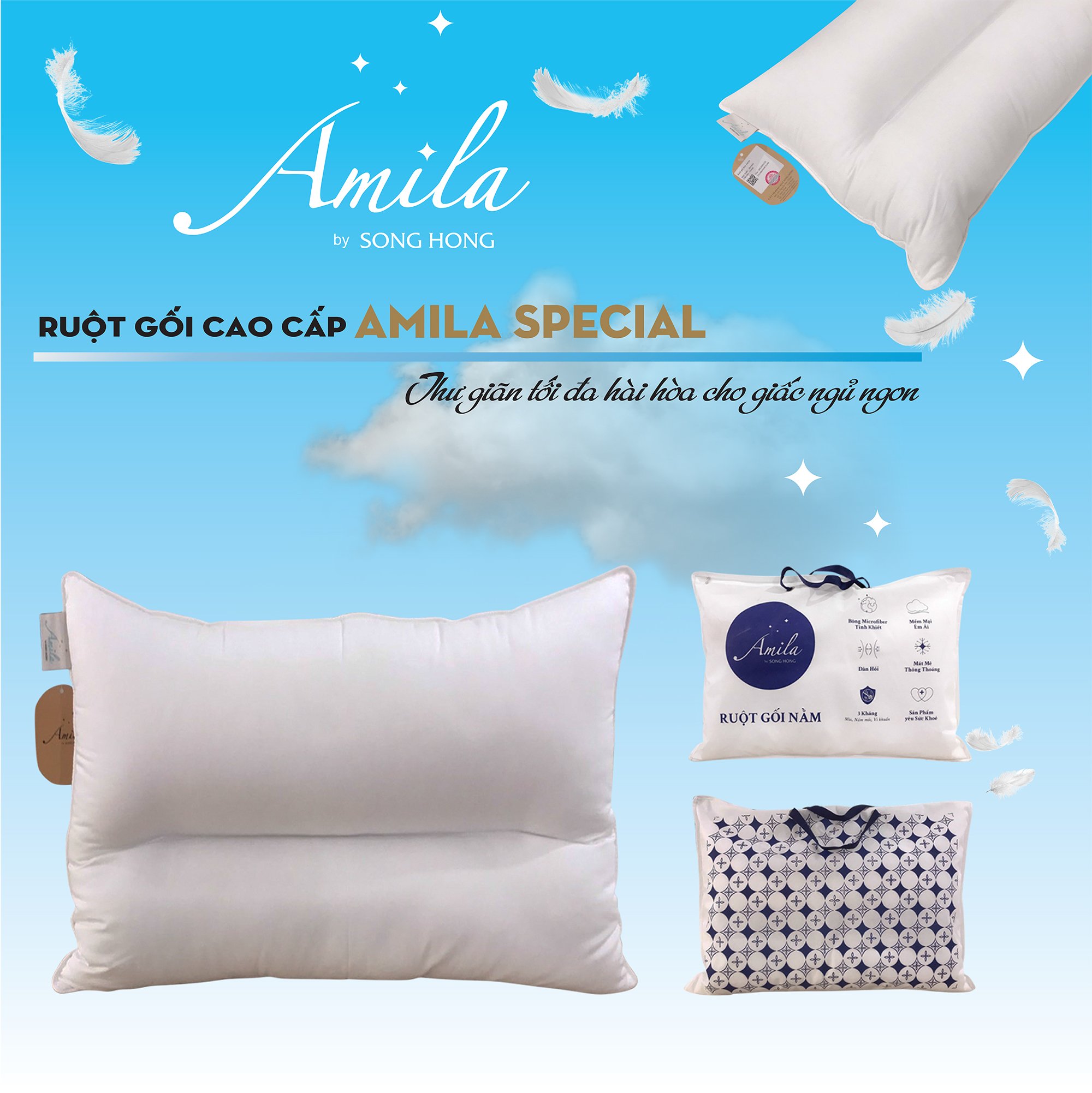 Ruột gối đơn 45x65cm cao cấp Sông Hồng Amila - Hàng chính hãng