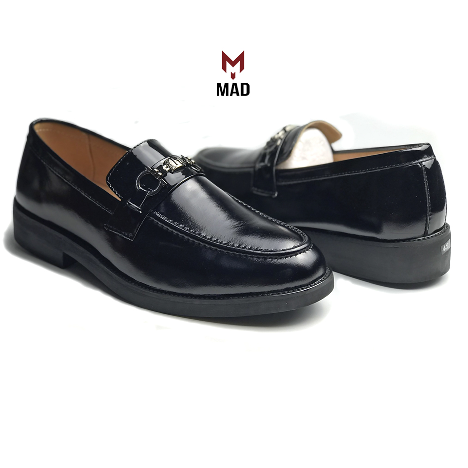 Giày tây lười nam Horsebit Loafer MAD Đen Bóng tăng chiều cao 4cm da bò cao cấp