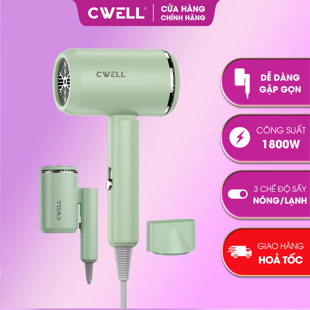 Máy sấy tóc gấp gọn CWELL C05HD công suất lớn 1800W, sấy tóc 3 chế độ nónglạnh – Tặng đầu tạo kiểu – Xanh nhám