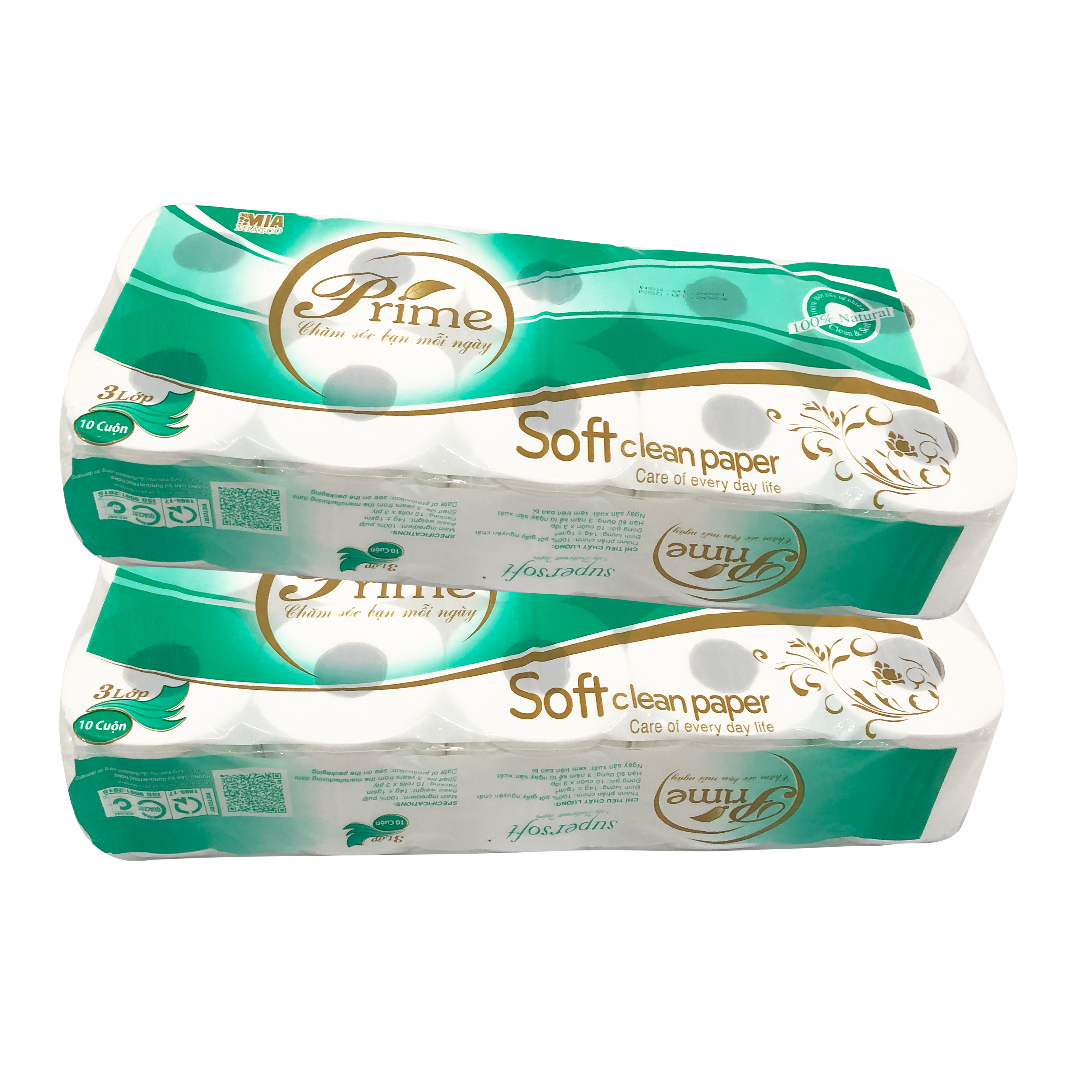 GIẤY VỆ SINH 10 CUỘN 3 LỚP XANH CÓ LÕI PRIME 1.5KG/ DÂY/ 10 CUỘN || TOILET PAPER