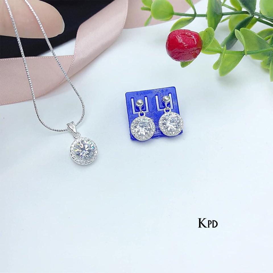Sét phụ kiện trang sức trẻ trung bằng bạc nguyên chất cho nữ gồm bông khuyên tai và dây chuyền vòng cổ,Vàng bạc an chi