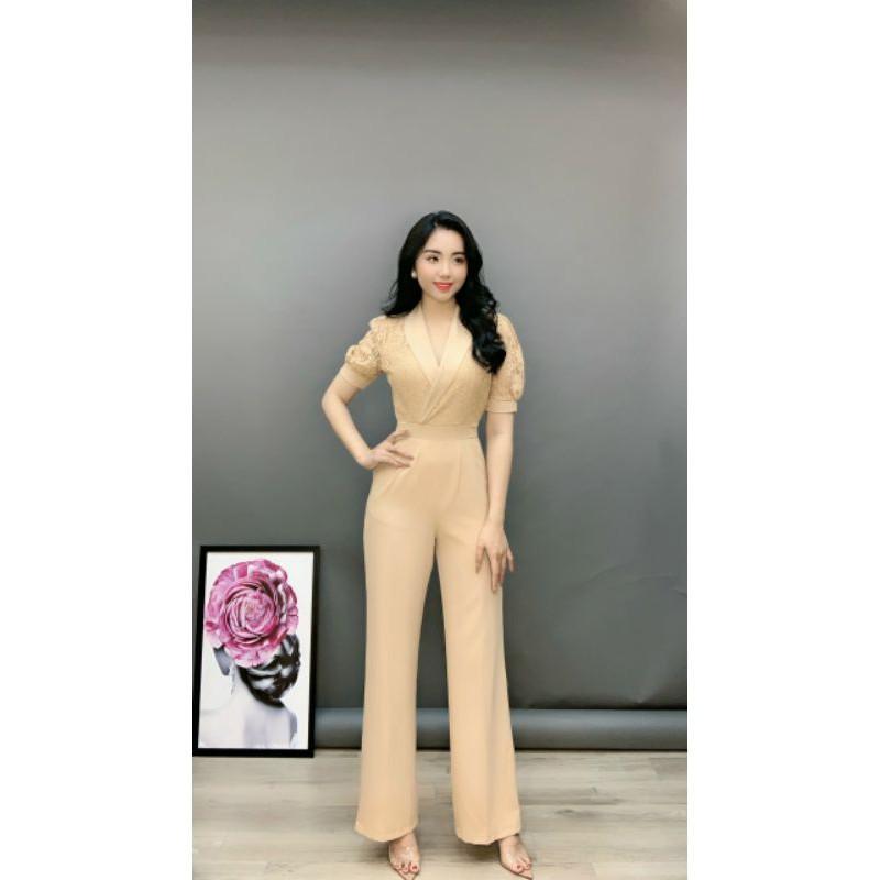 Jumpsuit dài ống rộng tay con phối ren
