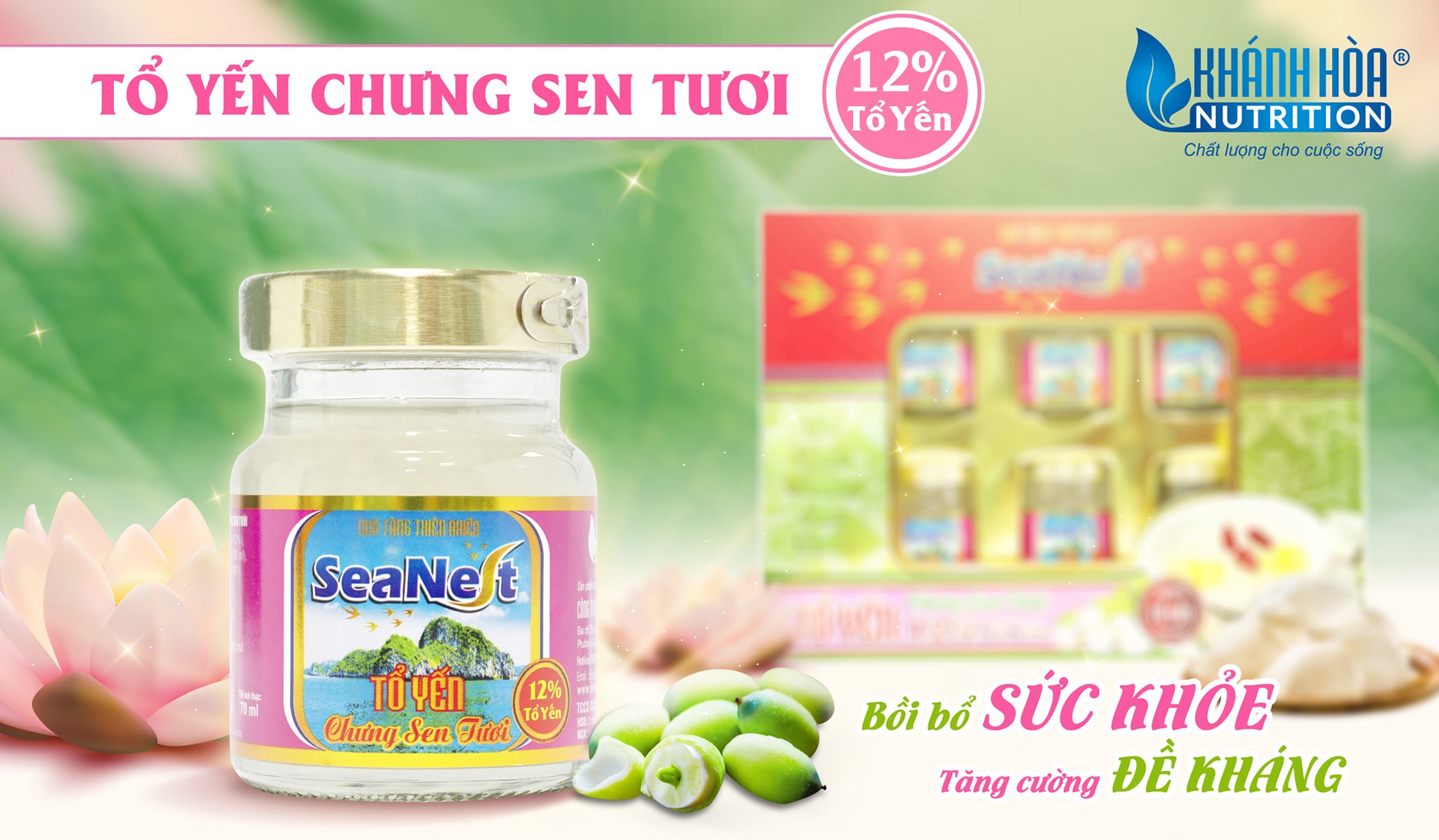 Hộp Quà Tặng Tổ Yến 12% Chưng Sen Tươi Seanest Khánh Hòa Nutrition – Hộp 6 lọ x 70ml