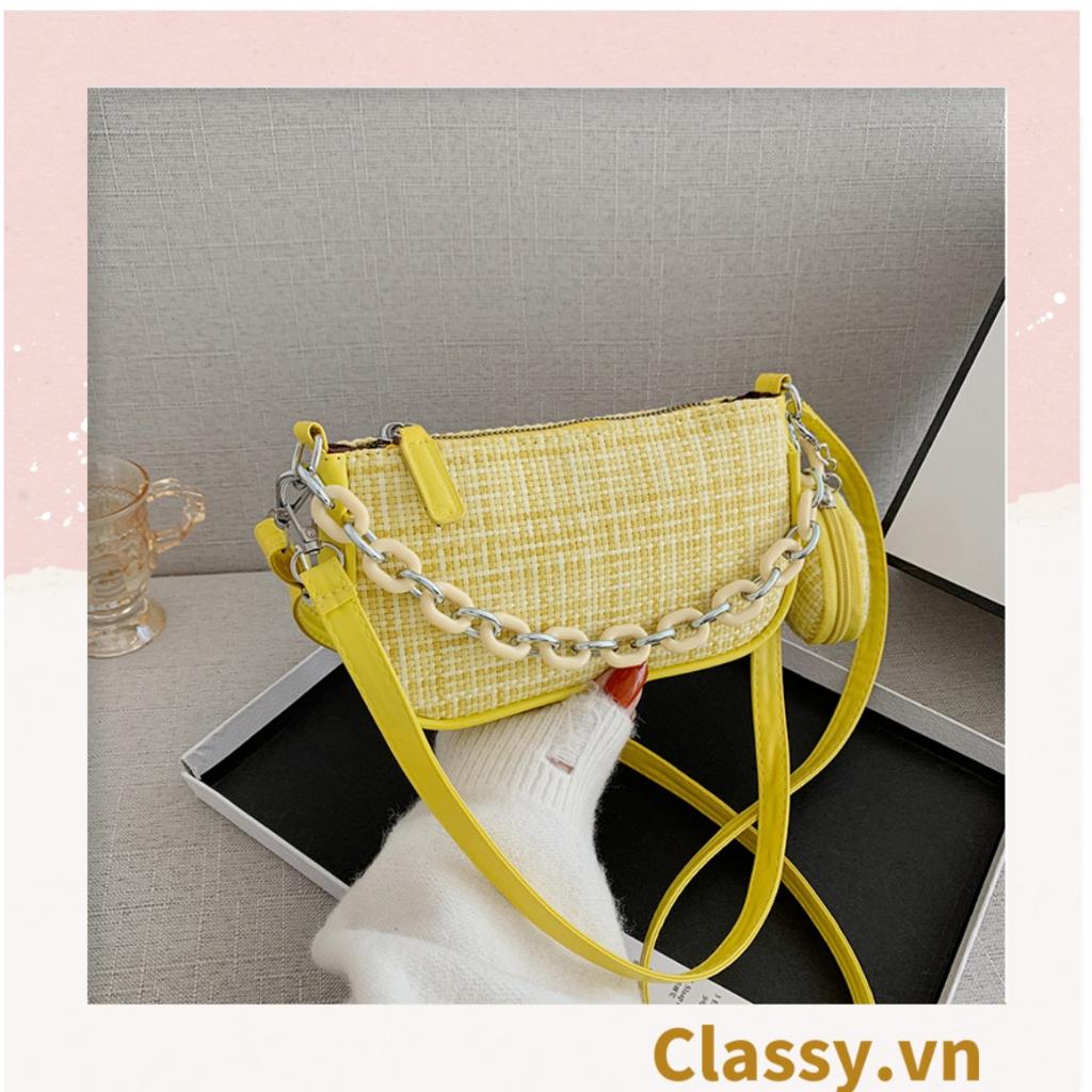 Túi Kẹp Classy nách dây xích màu trà sữa kiểu dáng Vintage phong cách Retro chất liệu vải tuýt sang trọng