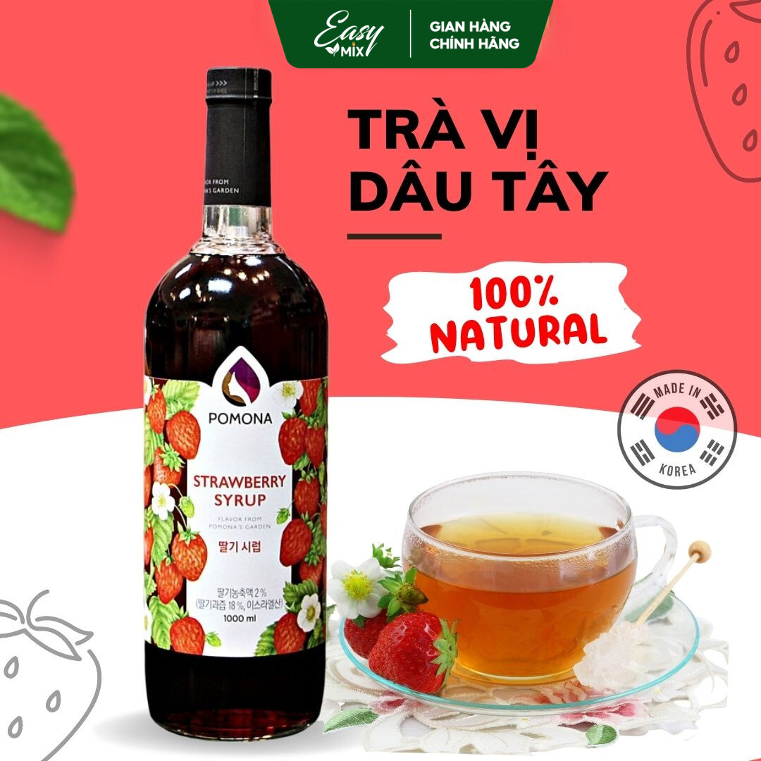 Siro Dâu Tây POMONA Strawberry Syrup Nguyên Liệu Pha Chế Hàn Quốc Chai Thủy Tinh 1 lít