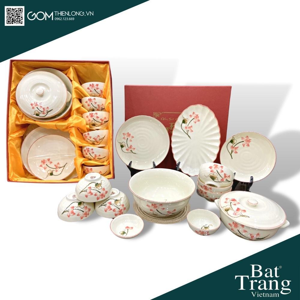 Bát Đĩa Quà Tặng Cao Cấp Sen Hồng - Bộ Bát Đĩa Bát Tràng Chính Hãng Loại 1 - Gốm Thiên Long