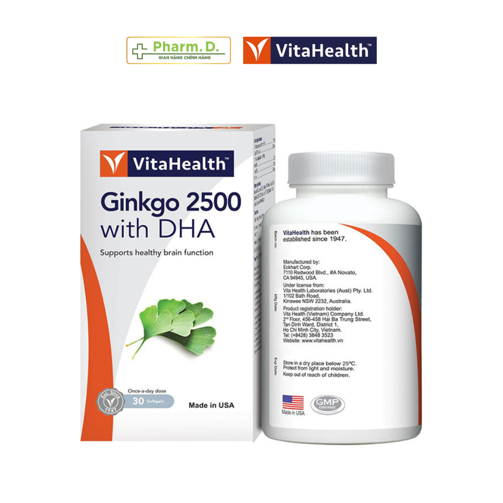 Viên Uống Bổ Não, Tăng Cường Trí Nhớ VITAHEALTH Ginkgo 2500 With DHA (Hộp 30 Viên/ 60 Viên)