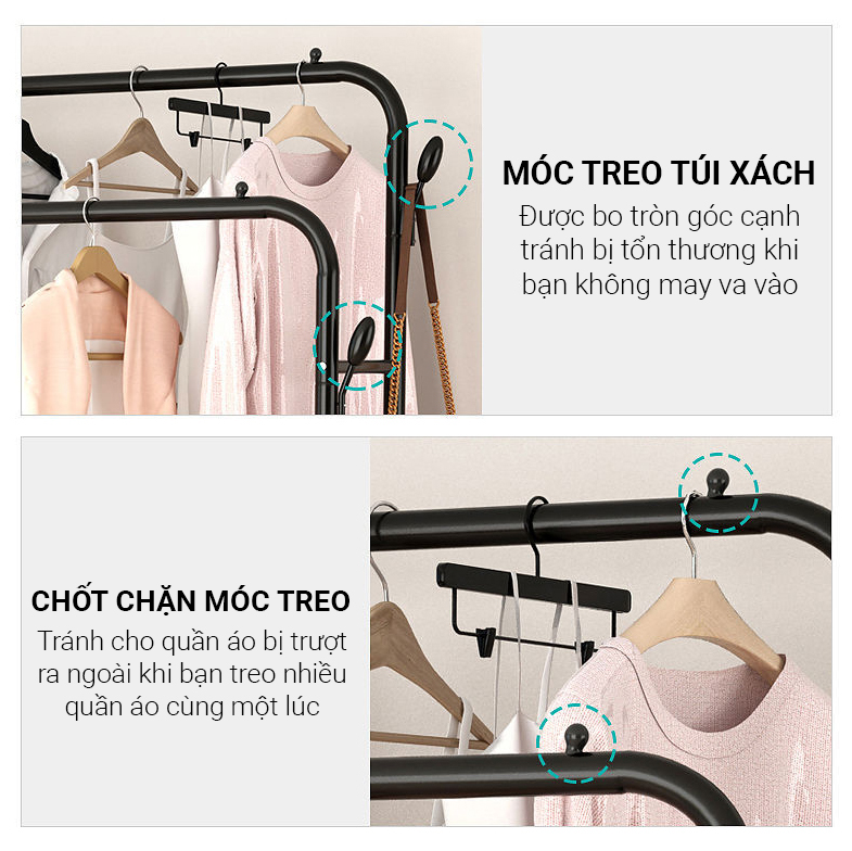 Giá Treo Quần Áo Đôi 2 Thanh Giá Phơi Đồ Để Đồ Tiện Lợi Bằng Thép Carbon Sơn Tĩnh Điện VANDO