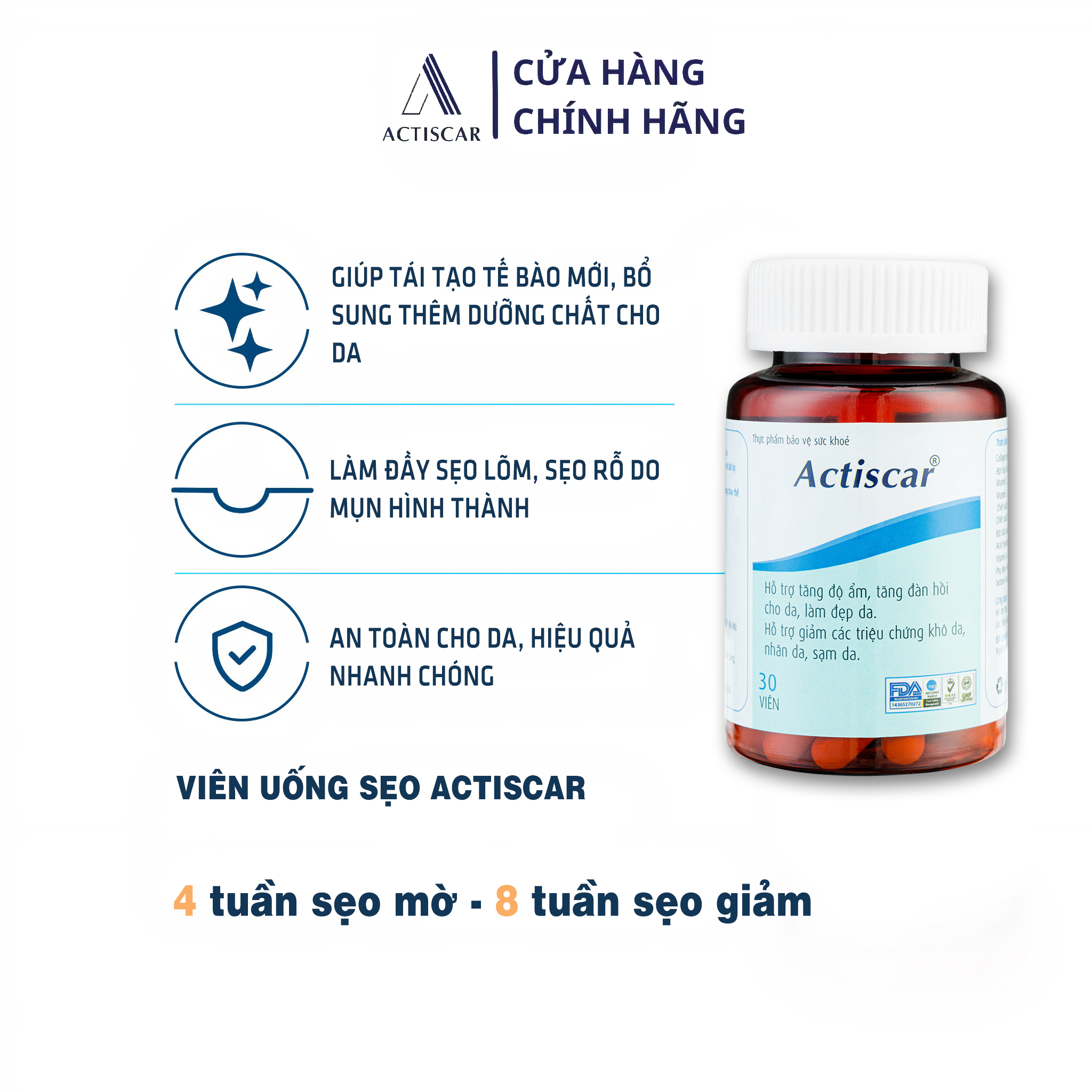 Viên Uống Làm Mờ Sẹo Actiscar Xóa Sẹo Thâm Lồi, Lõm, Bỏng Bô, Thủy Đậu, Sẹo thâm mụn lâu năm