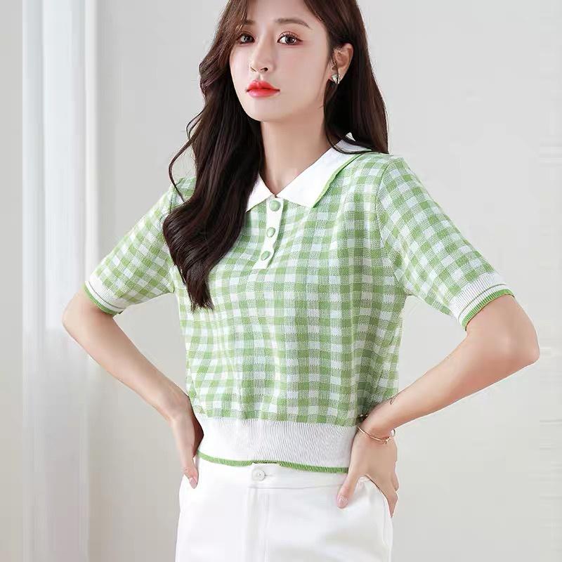 Áo caro polo len mongtoghi nữ tay ngắn form dáng rộng kiểu cổ bẻ phối màu phong cách thời trang Hàn Quốc trẻ trung