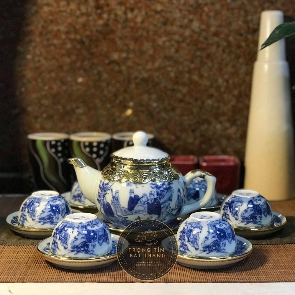 Bộ Ấm Chén Trà Đạo Gốm Trắng Men Lam Bát Tràng Trúc Lâm Thất Hiền Dáng Thủy Bình Dung Tích 300ml  ATA 11