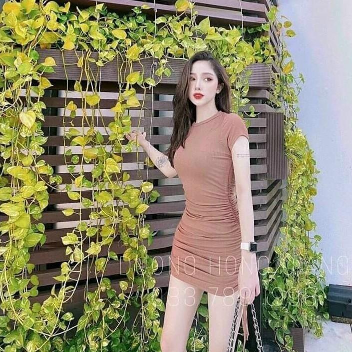 Đầm body nhún sườn dây cột nơ cổ tròn siêu hot
