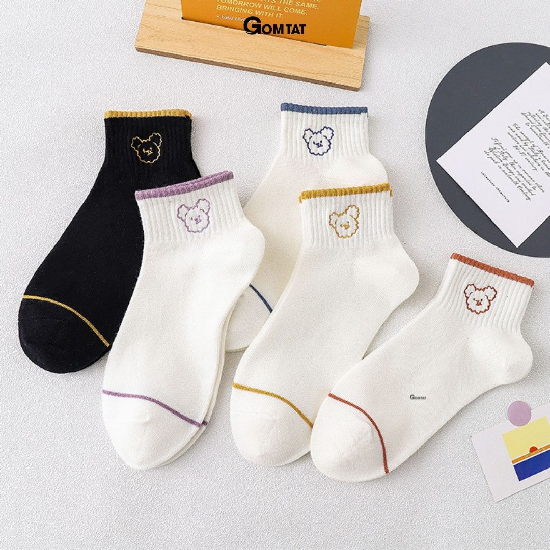 Vớ Nữ Cổ Ngắn Cao Cấp Họa Tiết Cute, Tất Nữ Cotton mềm mịn, thoáng mát khử mùi - Hình Gấu