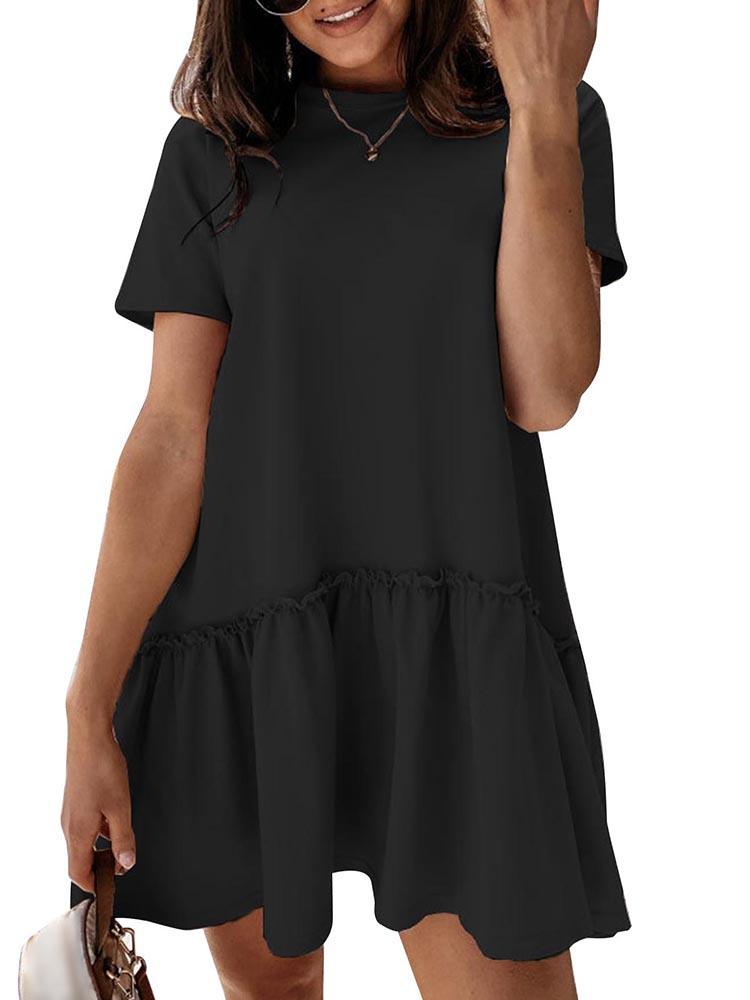 Women Mini Dress Short Sleeve O-neck Ruffle Hem Solid Color Loose Casual Dress