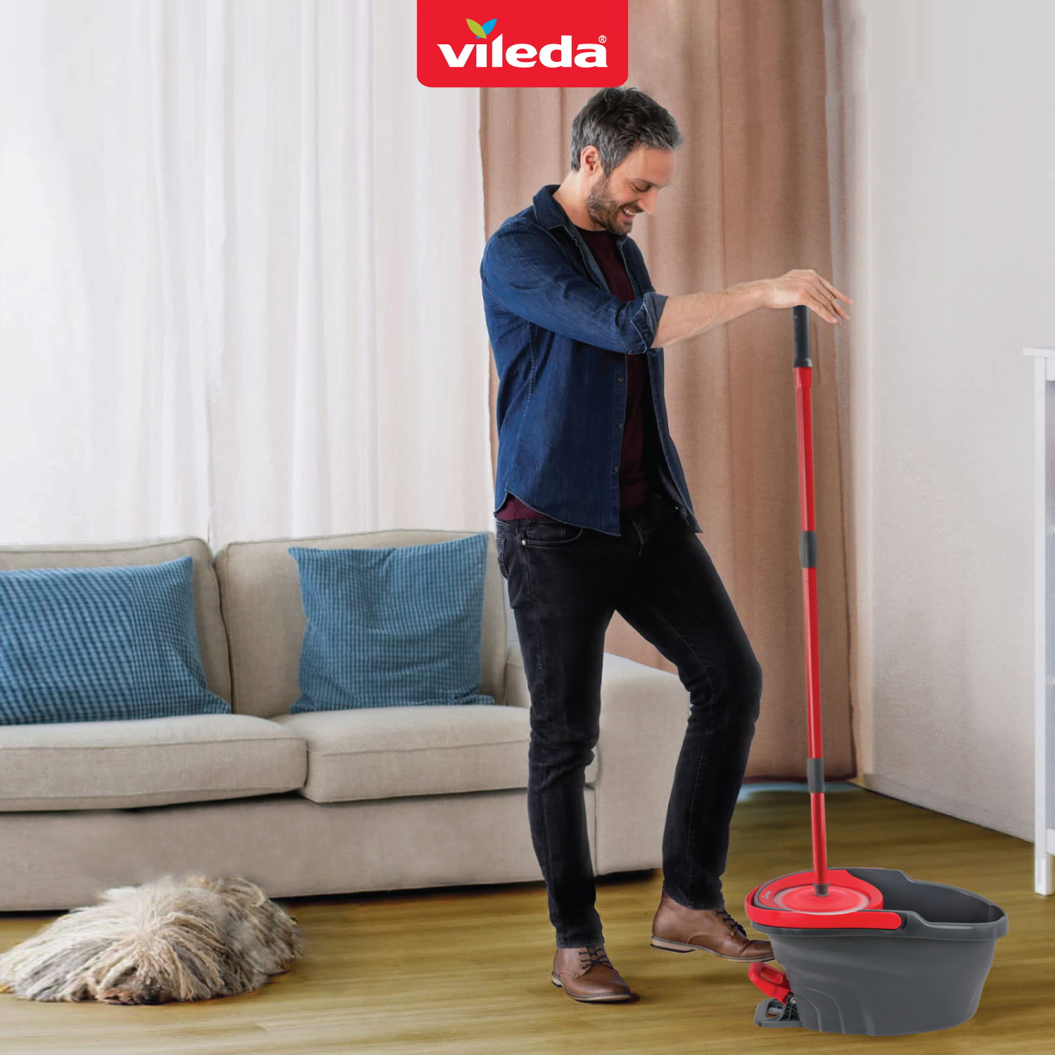 Cây lau nhà VILEDA Turbo Easy Wring&amp;Clean đầu lau tam giác, gồm xô giặt và cây lau nhà - TSU162214