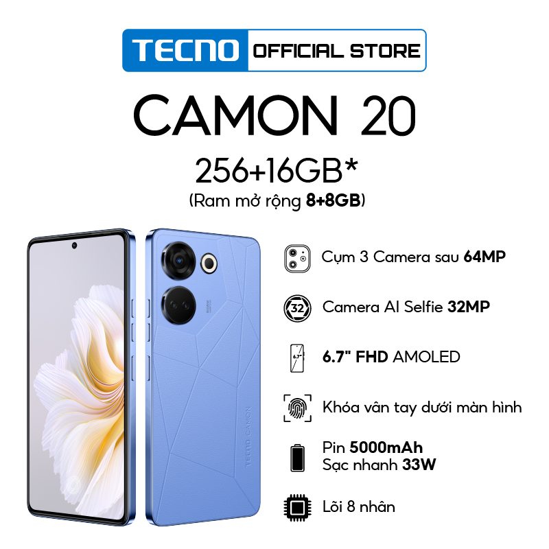 Hình ảnh Điện thoại Tecno CAMON 20 8GB/256GB - Camera 64MP + 32MP | 5000 mAh | Sạc nhanh 33W | 6.7'' FHD AMOLED - BH 13 Tháng - Hàng Chính Hãng