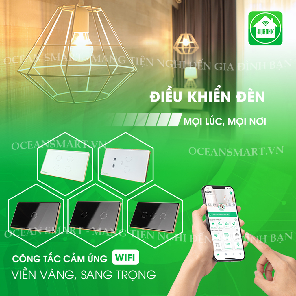 Công Tắc Cảm Ứng Thông Minh, Công Tắc Wifi HUNONIC Hình Chữ Nhật Có Viền - HNSC