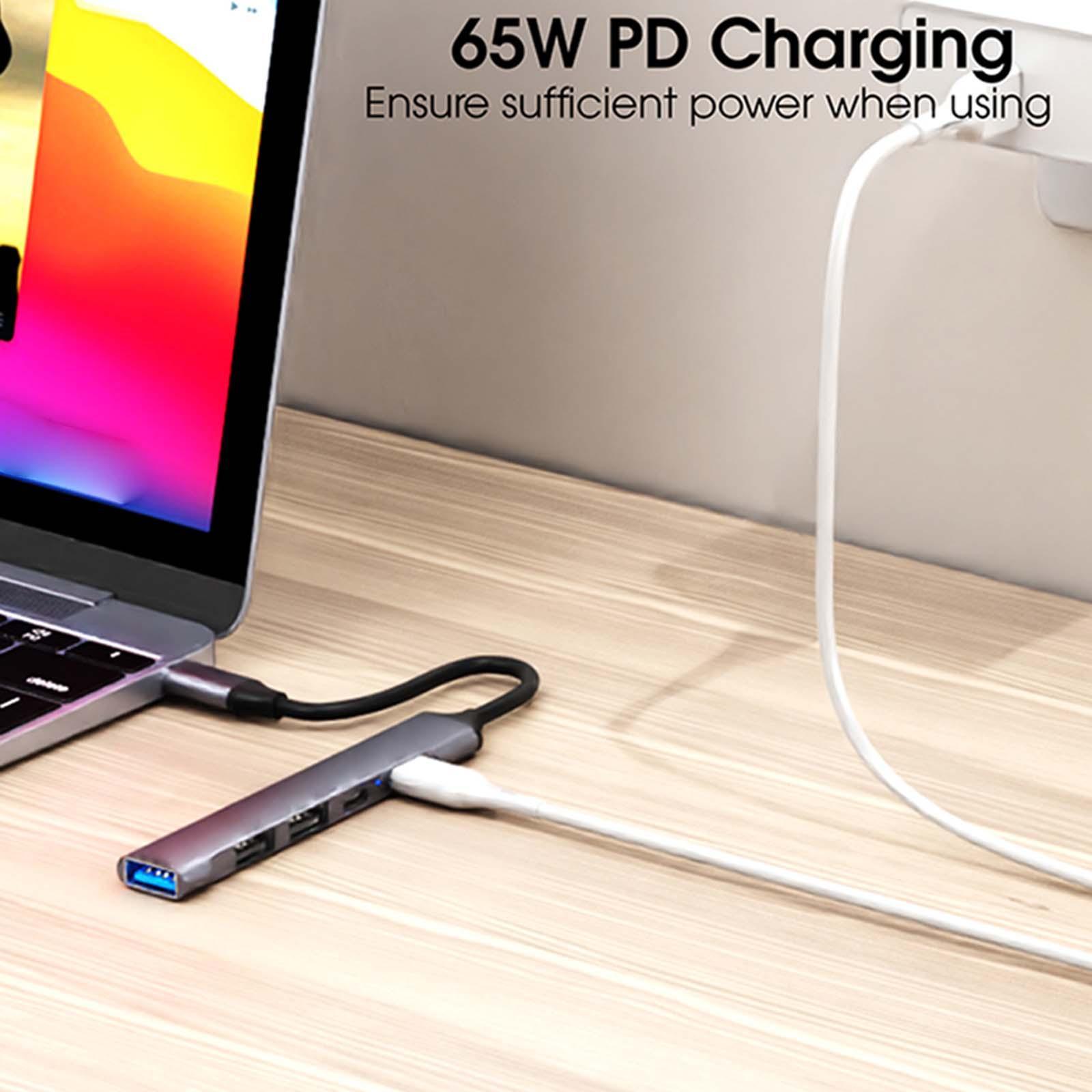 5 in 1 USB Type Hub, 1 USB 3.0 5Gbps Data Transfer PD Fast Charging 2 USB2.0 Ports Compact Splitter Docking Station, for Type C Devices.