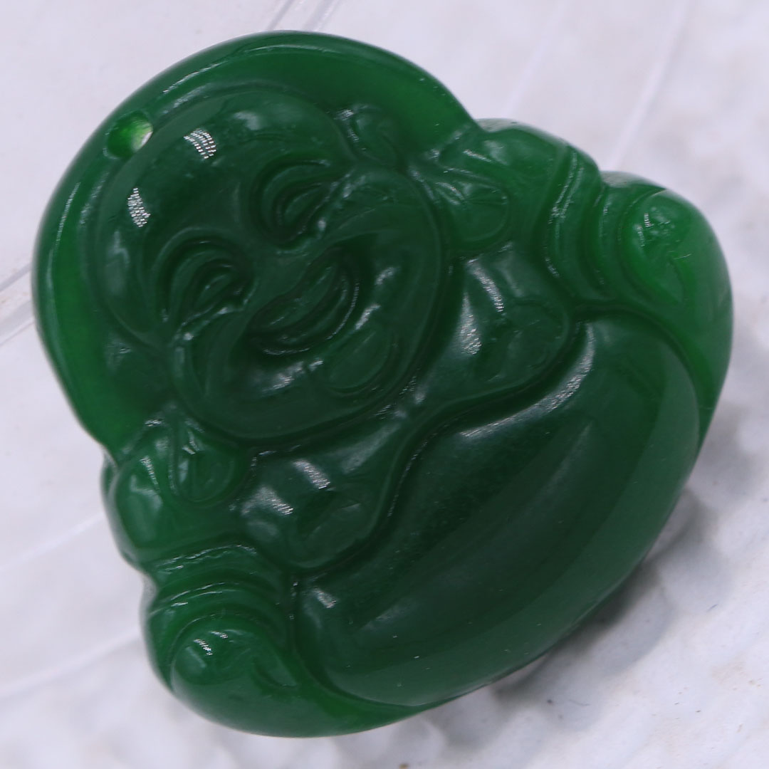 Mặt Phật Di lặc mã não xanh lá 2.9 cm kèm vòng cổ dây da xanh lá + móc inox trắng, mặt dây chuyền Phật cười