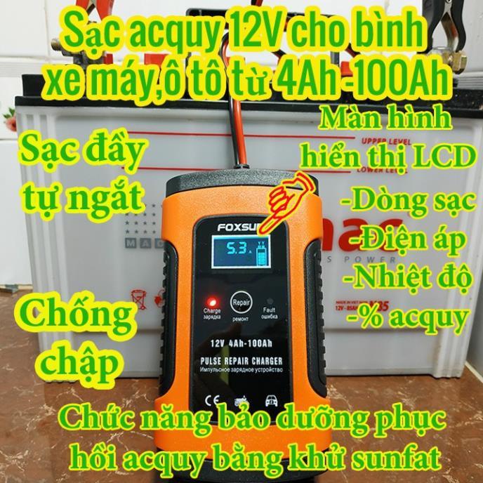 Sạc bình ắc quy 12V FOXSUR tự ngắt khi đầy chức năng bảo dưỡng phục hồi ắc quy bằng khử sunfas chống ngược cực