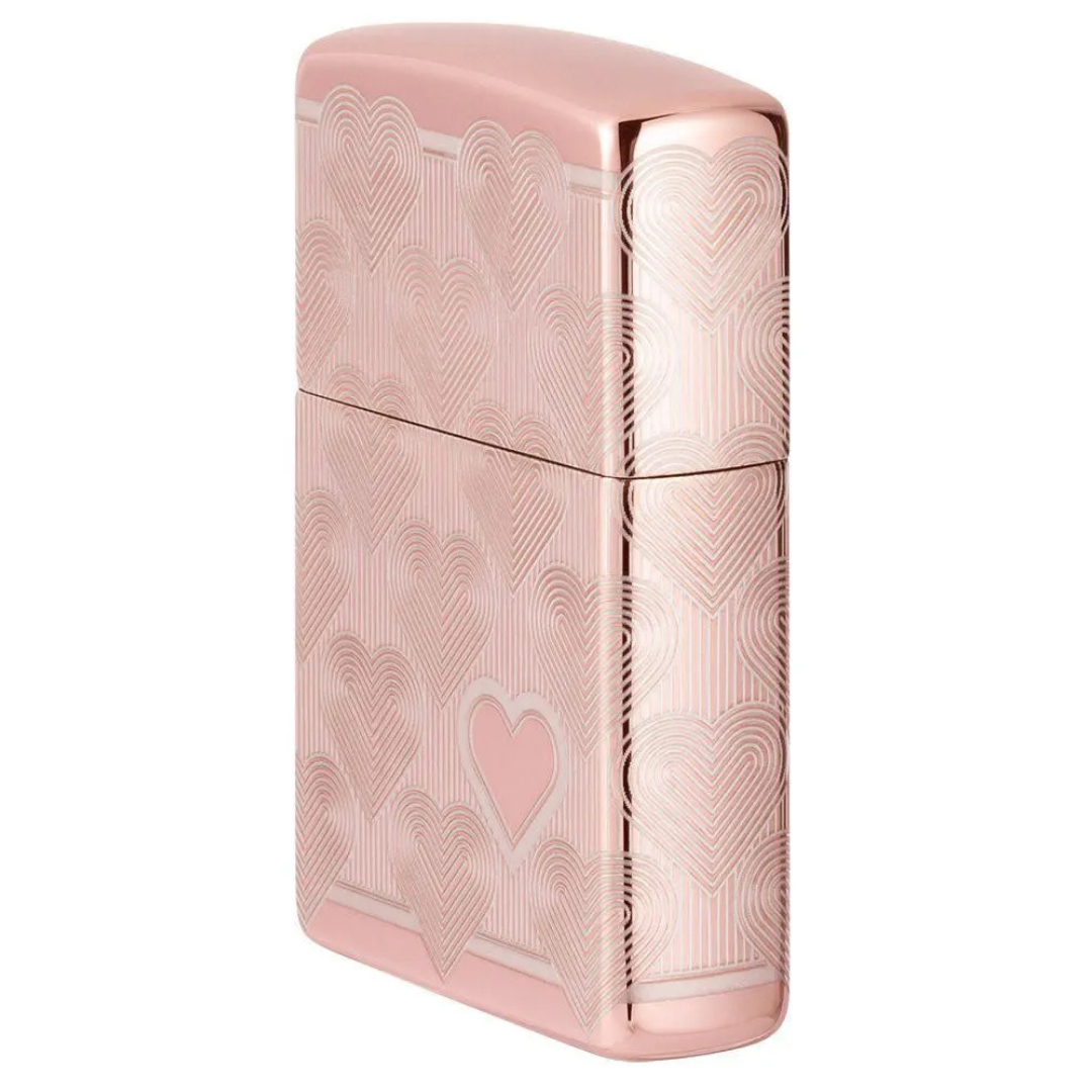 Bật Lửa Zippo Heart Design High Polish Rose Gold - Vỏ Mạ Vàng Hồng Khắc Laser 360 Độ Hình Trái Tim