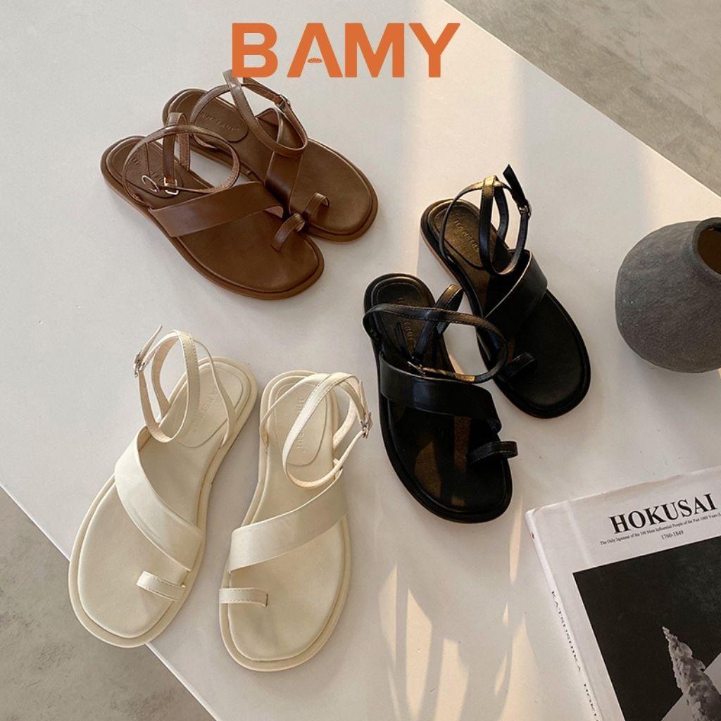 Giày (Dép) Sandal nữ xỏ ngón chiến binh BAMY đế bệt, quai chéo cài khuy cổ chân hot hè 2021 đi biển đi chơi đi học