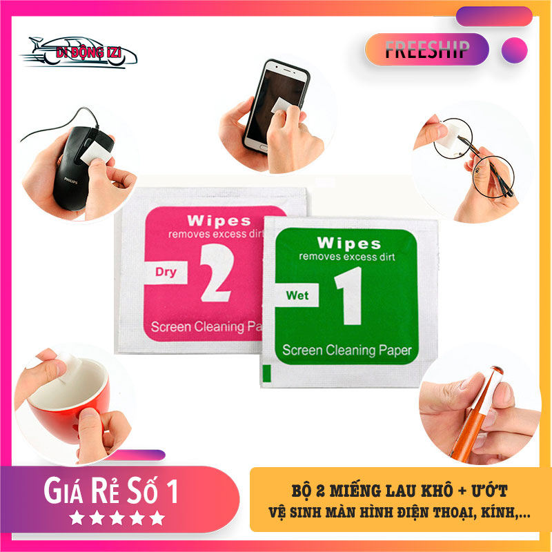 Bộ Miếng Lau Vệ Sinh Màn Hình Ướt + Khô , Làm Sạch Màn Hình Điện Thoại, Máy Tính Bảng, Laptop, Cường Lực