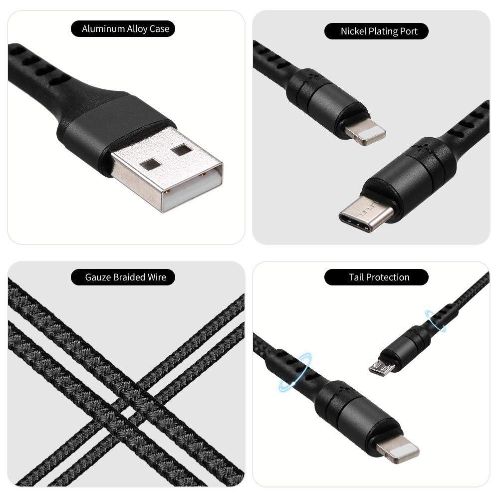 Cáp sạc 3 trong 1 có Micro USB / Type-c Thay thế cho iPhone Xiaomi Huawei Samsung bện 1.2M