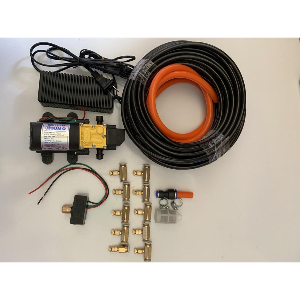 Bộ phun sương. tưới lan. bộ bơm sumo Đen kèm ng,uồn 12v_5a. 15m dây phun. 10 béc đồng. giúp làm dịu mát căn nhà và vườn