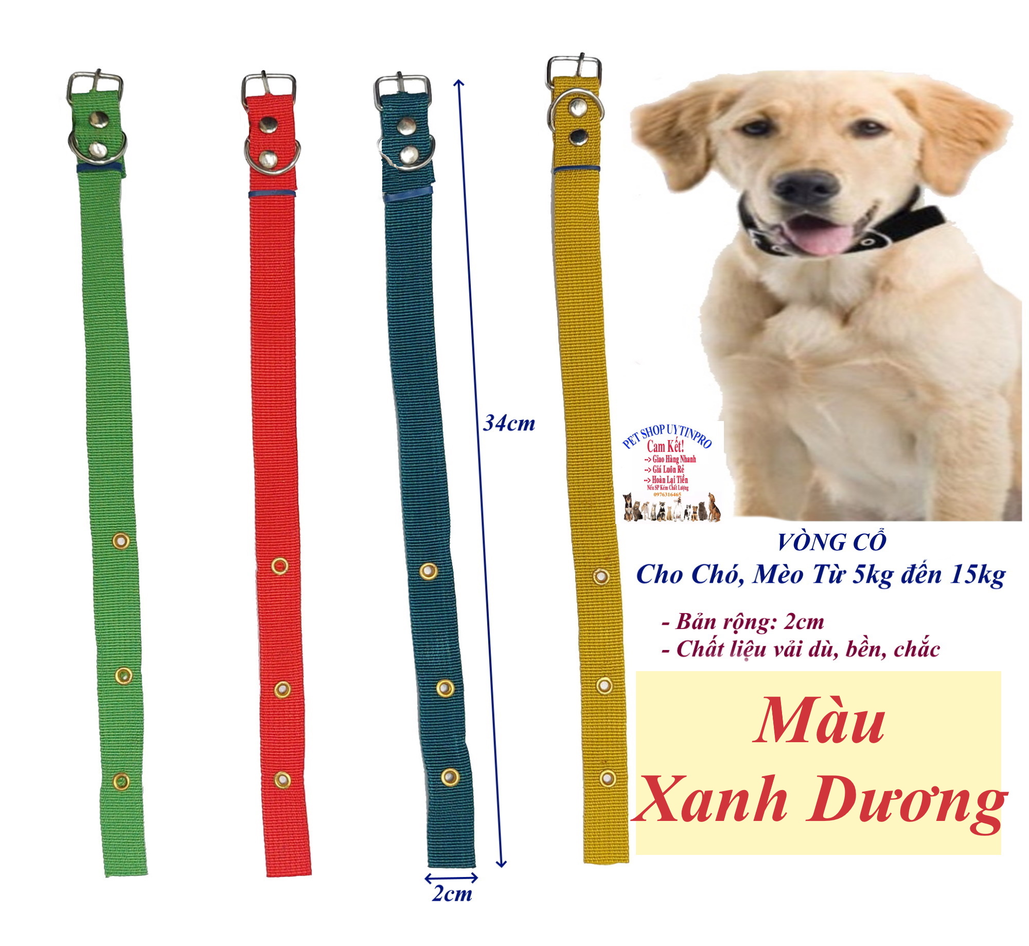 Vòng cổ cho Chó Mèo từ 5kg đến 15kg Bản rộng 2cm Chất liệu vải dù bền chắc Có gài điều chỉnh, Sản xuất tại Việt Nam