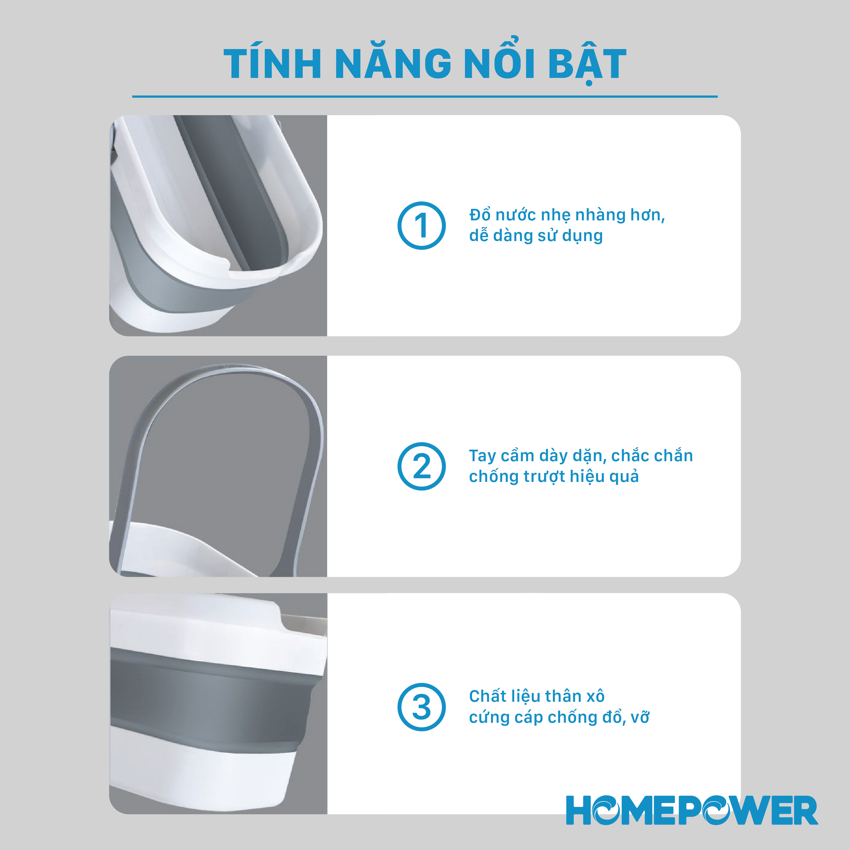 Xô nước gấp gọn Homepower rửa xe,lau nhà đa năng, dày dặn cỡ lớn 14Lit