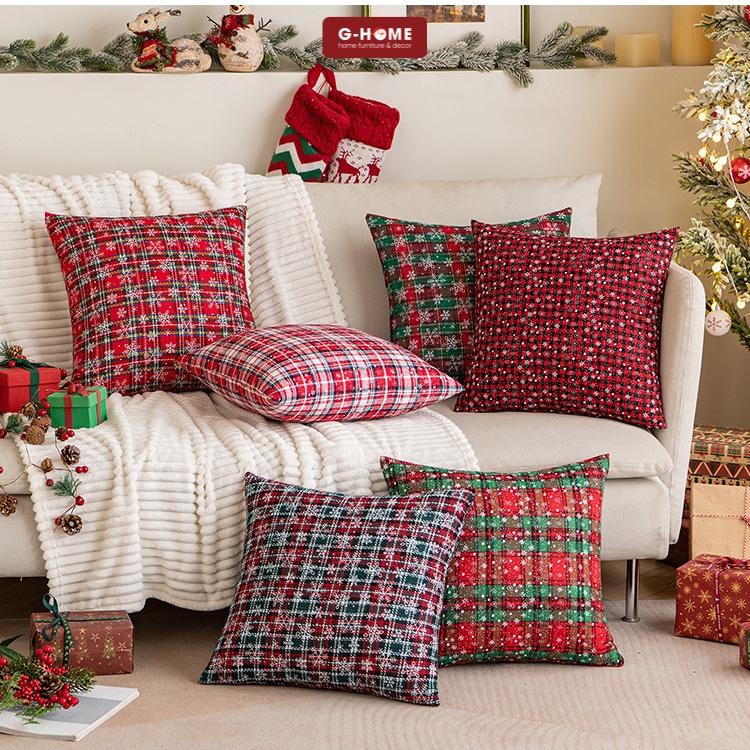 Vỏ gối trang trí giáng sinh Ghome, vỏ gối ôm xinh xắn, gối vuông tựa lưng sofa cao cấp hoạ tiết kẻ 3 màu VGNOEL22