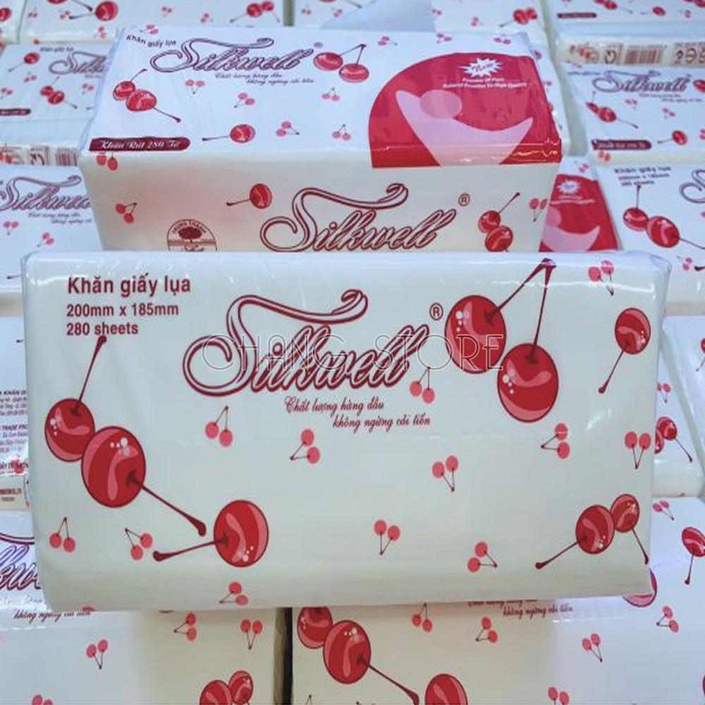 Khăn giấy rút silkwell 280 tờ Cherry đỏ loại giấy ăn trắng, dai, mềm mịn đạt tiêu chuẩn an toàn