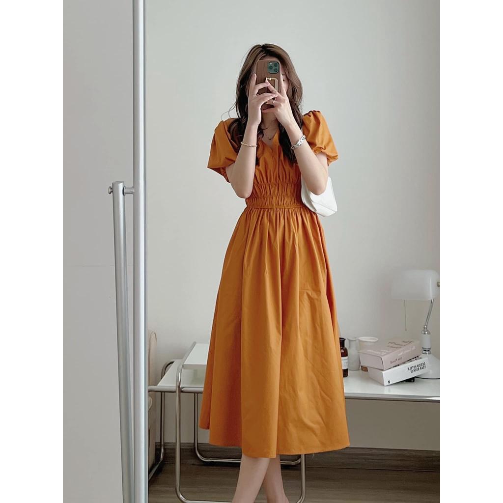 Váy Cổ V Chun Eo Tay Bồng Chât Thô Dáng Dài Nhiều Màu, Labibi