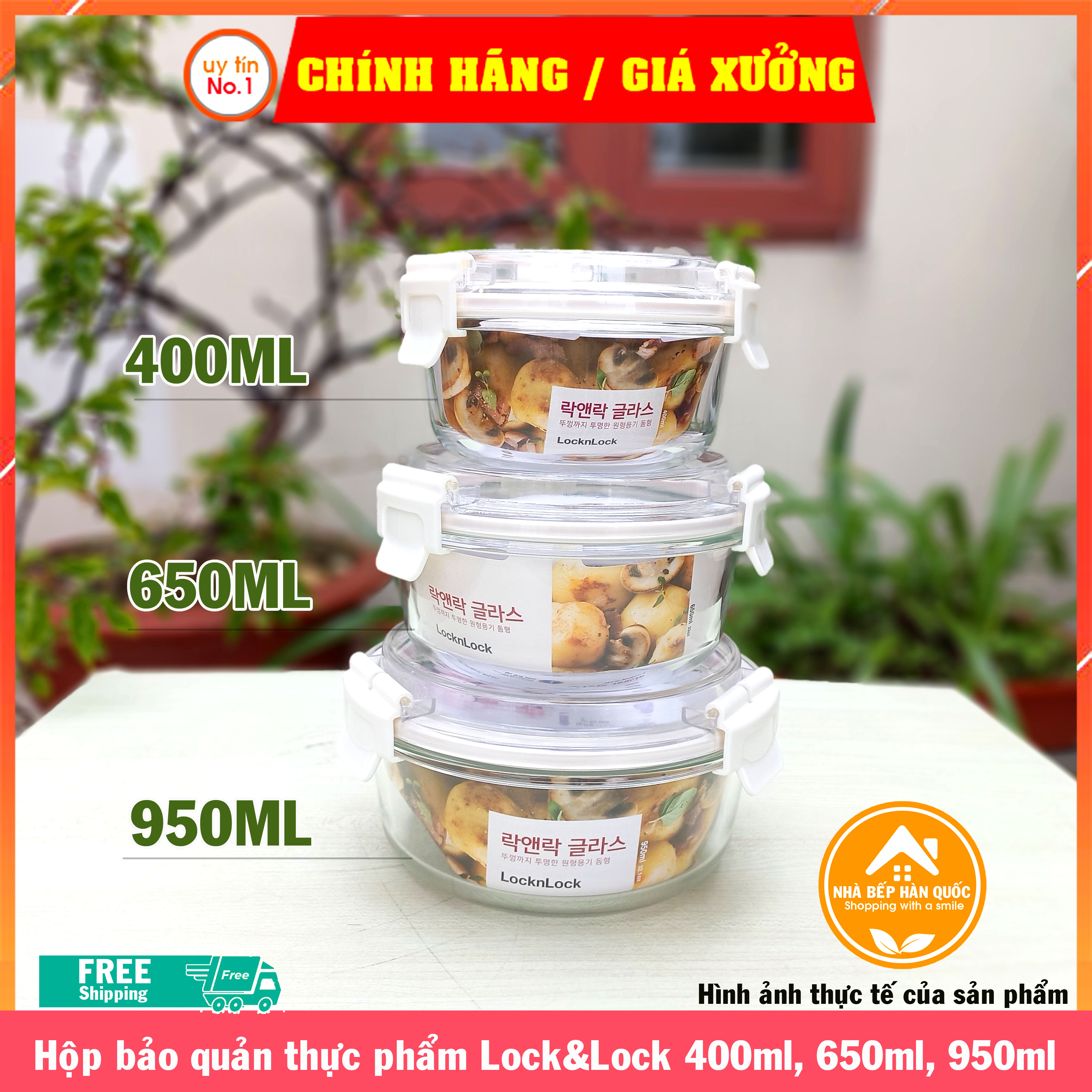 Hộp đựng thực phẩm Lock&amp;Lock chính hãng bằng thuỷ tinh LLG896 950ml LLG895 650ml LLG894 400ml