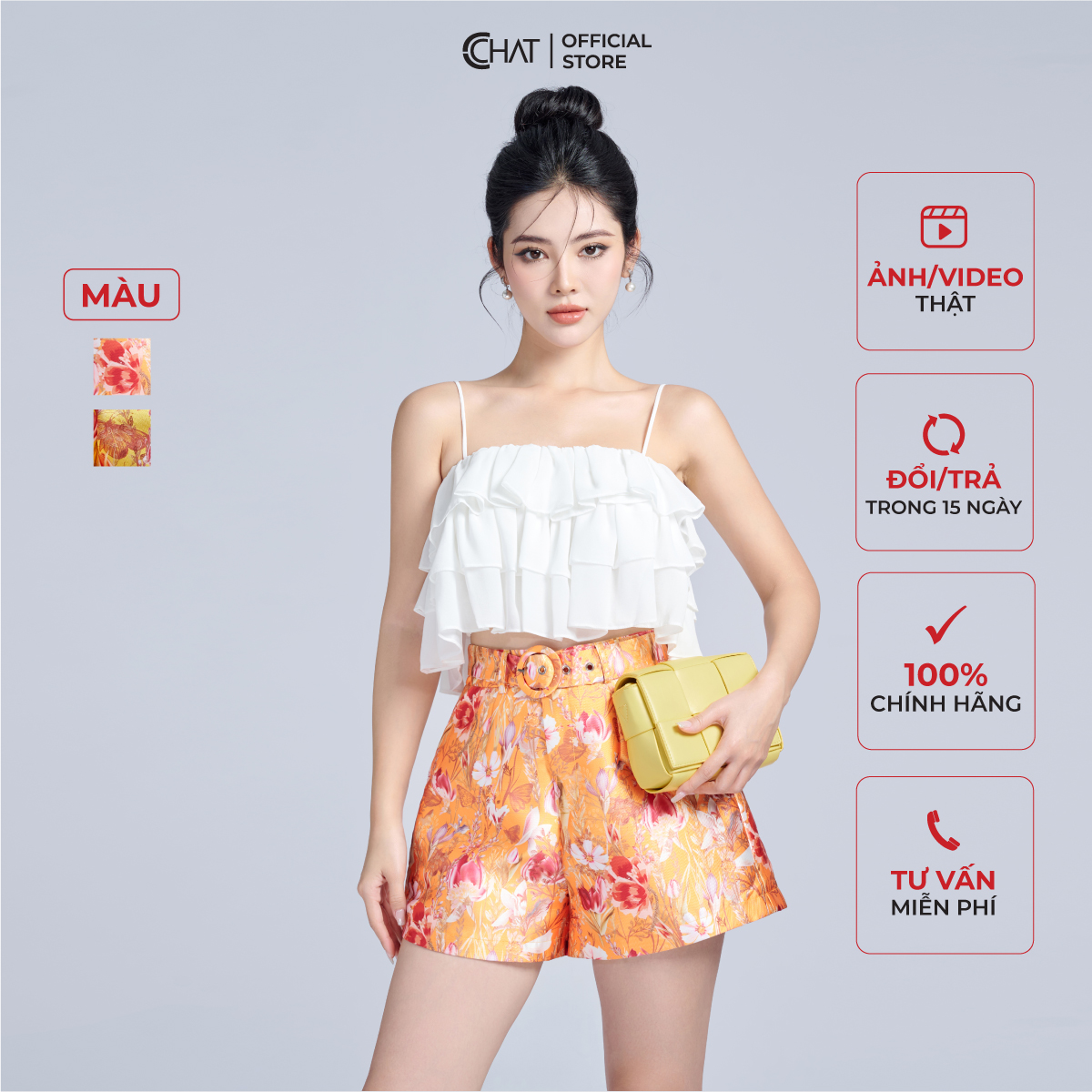 Quần Đùi Nữ Họa Tiết Dáng A Túi Chéo Chất Tafta Cao Cấp Mềm Nhẹ 12ONB5001AT