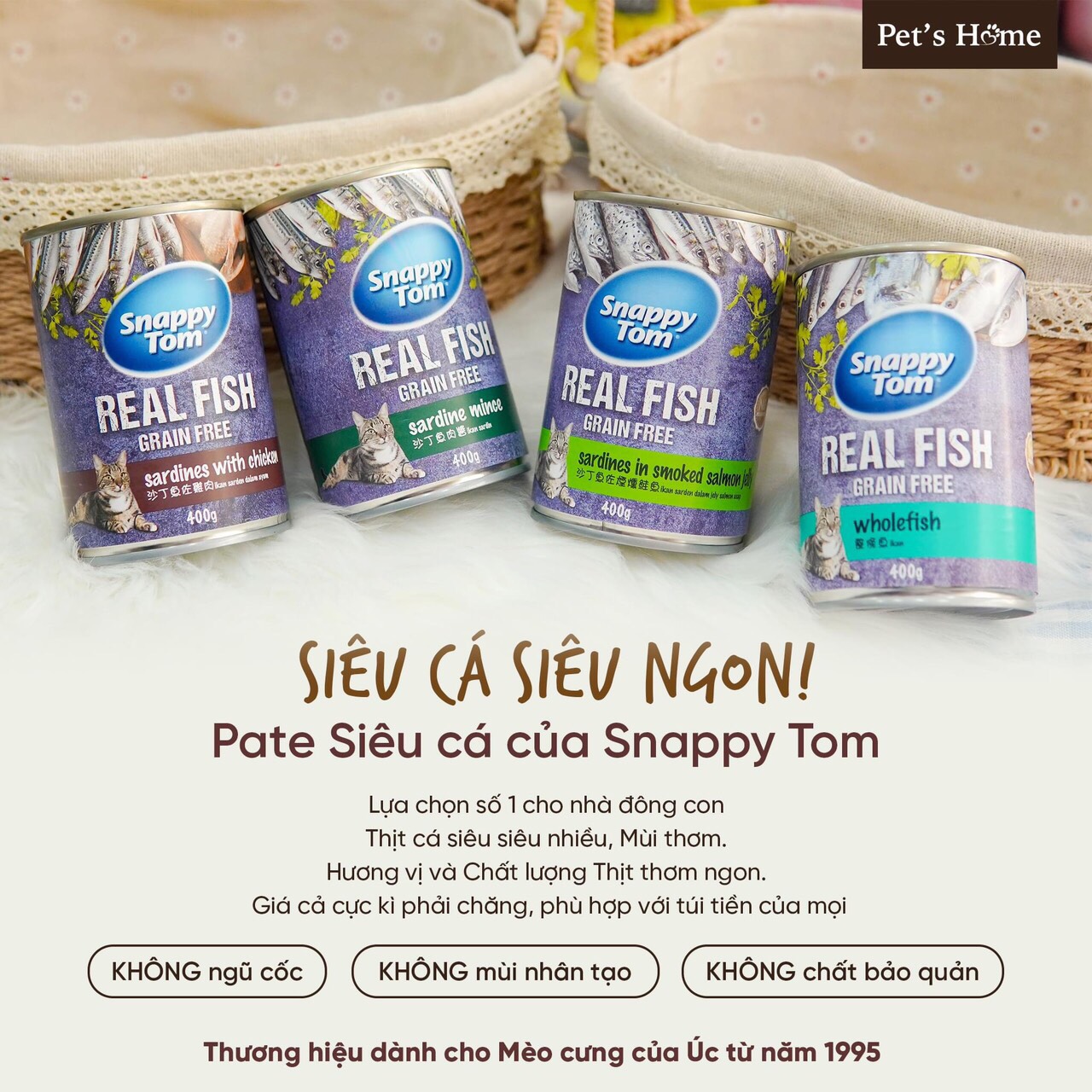 Pate Snappy Tom Real Fish - Pate thịt cá nguyên con cho mèo mọi lứa tuổi lon 400g