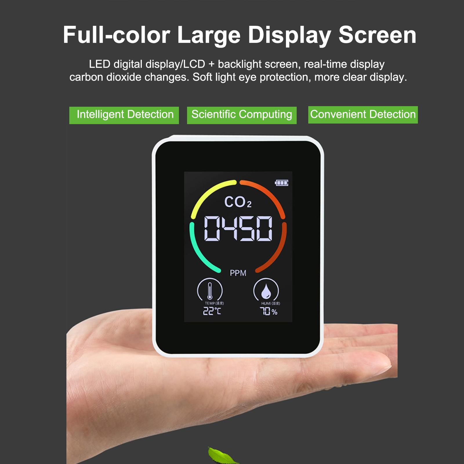 Air Quality Monitor Indoor Home CO2 Meter Carbon Dioxide Detector Temperature Humidity Sensor Real Time Reading Rechargeable Battery