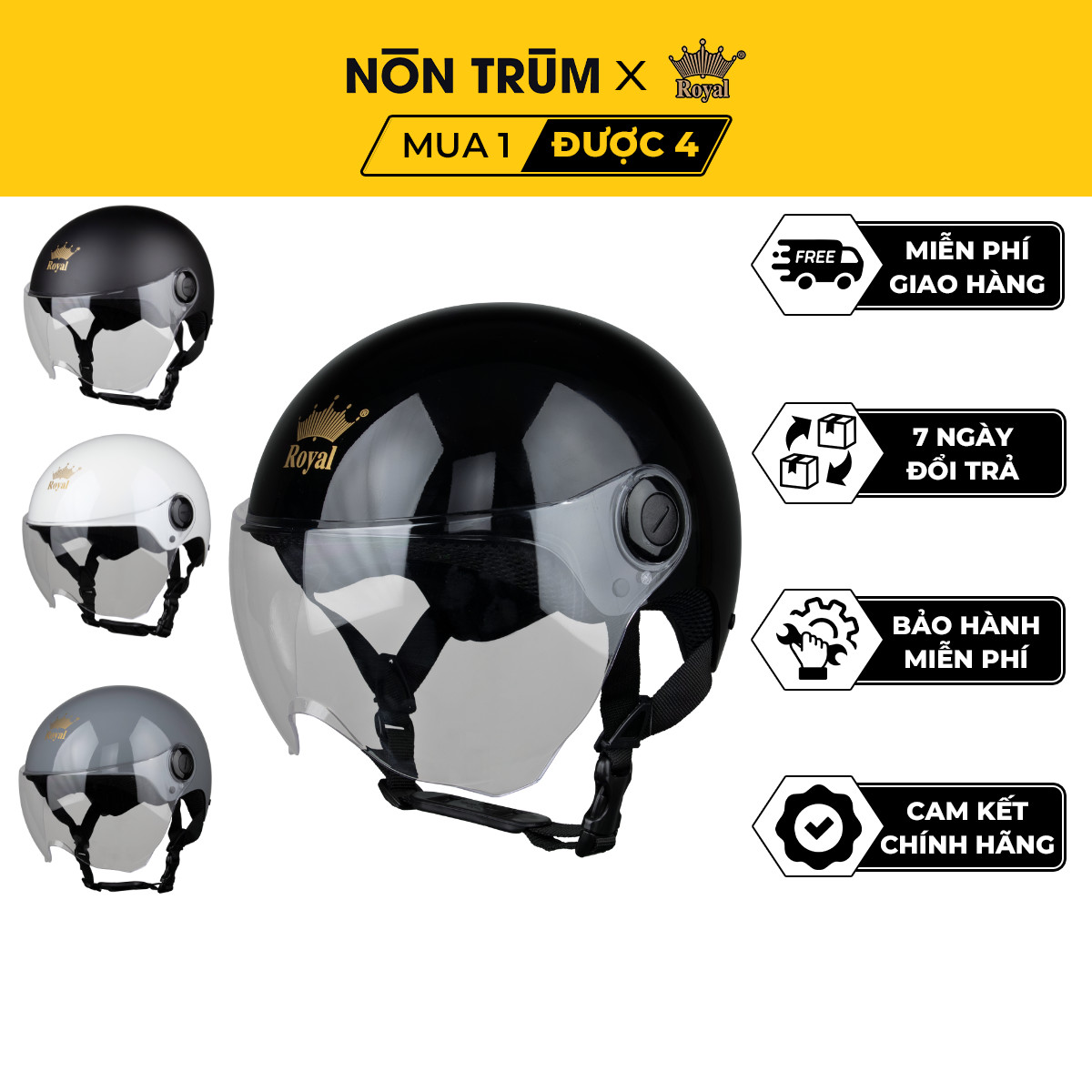 Mũ bảo hiểm xe máy 1/2 Royal M162K có kính màu trắng trong che bụi dành cho nam và nữ đi xe máy chính hãng